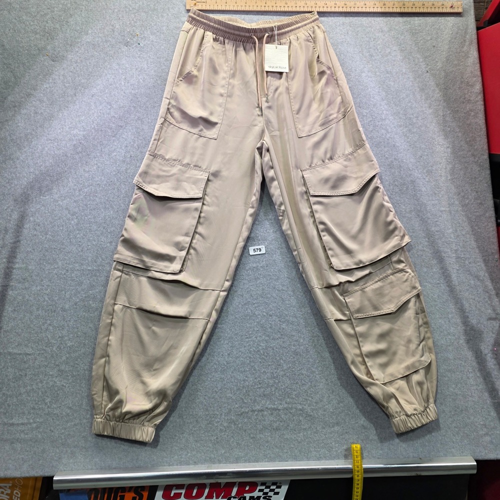 SkyLar Rose Women Tan Beige Cargo Jogger Pants Elastic Waist Size S‎ New